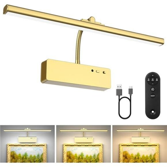 Wireless Picture Light with Remote Rechargeable Wall Art Display Lamp Gold - Picture 1 of 7